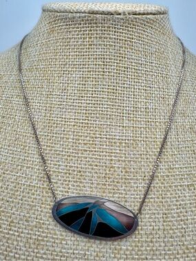 Sterling Silver Teal and Black Inlay Pendant Necklace - Southwestern Style